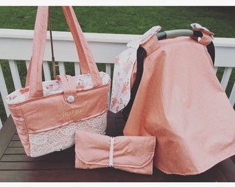 Diaper bag set: includes, custom diaperbag, car seat canopy and changing pad, as seen or pick your own fabric