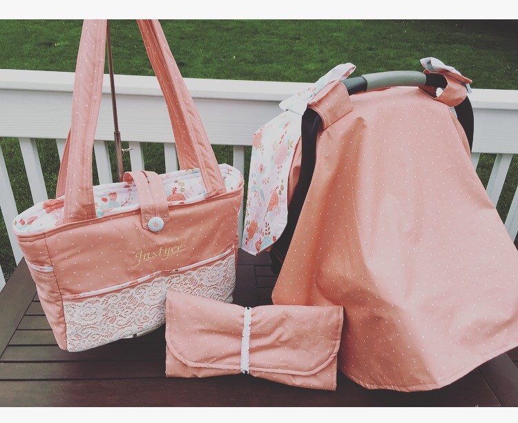 Diaper bag set includes custom diaperbag car seat canopy
