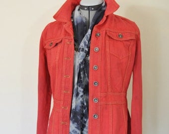 Red Juniors Medium Denim Jacket- Scarlet Red Dyed Upcycled DKNY Denim Trench Jacket - Adult Womens Junior Size Medium (38" chest)
