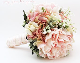 Bridal Bouquet Lily of the Valley Peonies Roses Hydrangea Pink and White- Customize for Your Colors