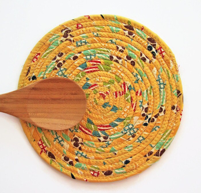 Yellow Coiled Fabric Trivet Handmade Clothesline Trivet