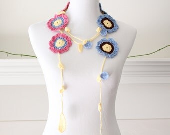 Crocheted Lariat Light Yellow, Blue, Brown, Pink Necklace