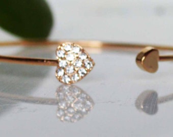 Gold heart adjustable bangle bracelet crystal inlay on one side solid on opposite side 24 carat gold plated heart bracelet bridesmaid gift