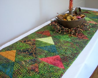 Batik Table Runner Quilt Green Volcano Quilted Triangles Quiltsy Handmade FREE U.S. Shipping