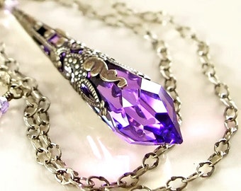 Purple Swarovski Crystal Necklace Antique Gold Brass Chain Purple Crystal Pendant Necklace Violet Amethyst Necklace Victorian Jewelry