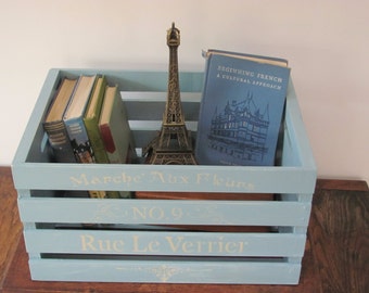Painted Wood Crate, Light Blue French Themed Stenciled Wood Crate
