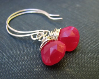 Neon Earrings Hot Pink Chalcedony Sterling Silver Earrings Wire Wrapped Jewelry Magenta Jewelry
