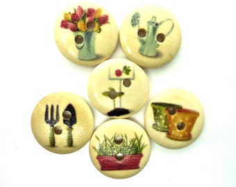 20 x Gardening Theme Wooden Buttons - 18mm - Mixed Colours
