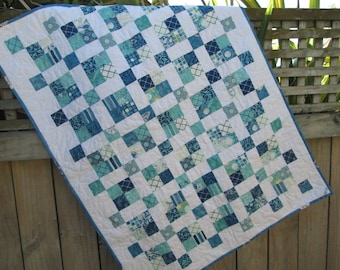 Baby Quilt, Twin Bed Quilt, Lap Quilt or Throw, Seascapes, Blue Aqua, Teal Bedding. Blue White Quilt