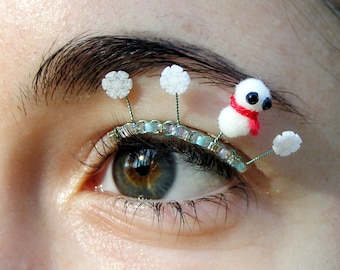 Snowman Puff Eyelash Jewelry - pompom eyelashes with snowflakes, snowmen, winter colors
