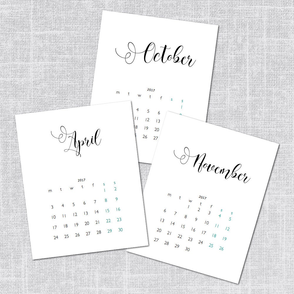 2017 Printable Calendar Calligraphy Instant Download 8 x 10