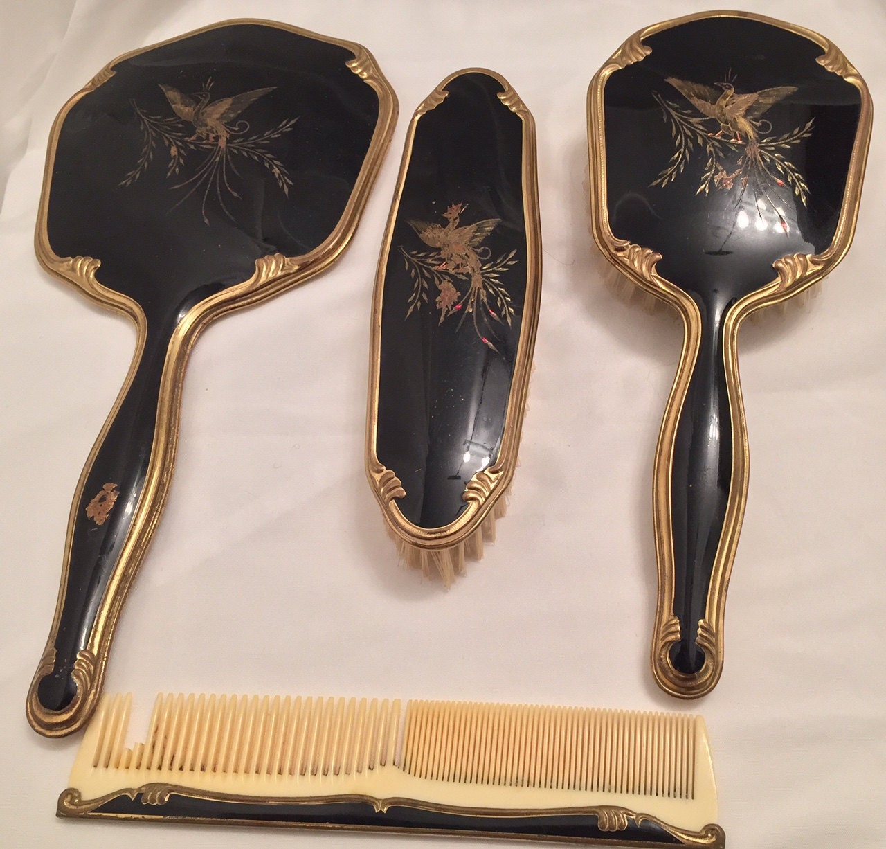 Vintage Mirror Brush Comb Dresser Set Birds of by LyndiLane