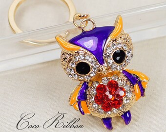 Alloy Enamel Purple Owl Bird Rhinestone Crystal Handbag Alloy KeyChain Ring B31