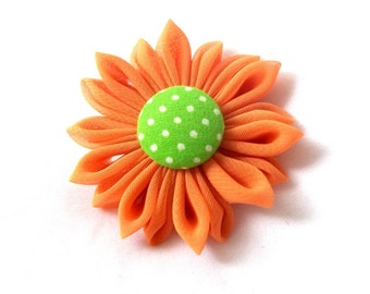 Bright Colors Orange and Lime Fabric Hair Flower Kanzashi Barrette