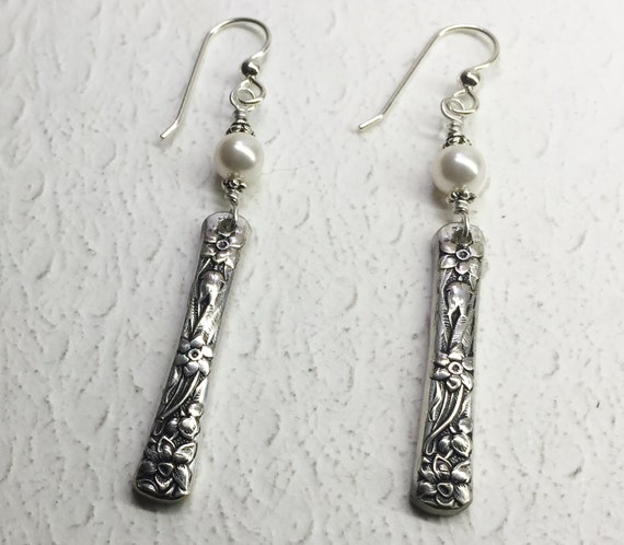 Spoon Earrings, quot;Narcissusquot; 1935, White Crystal Pearls, Sterling 