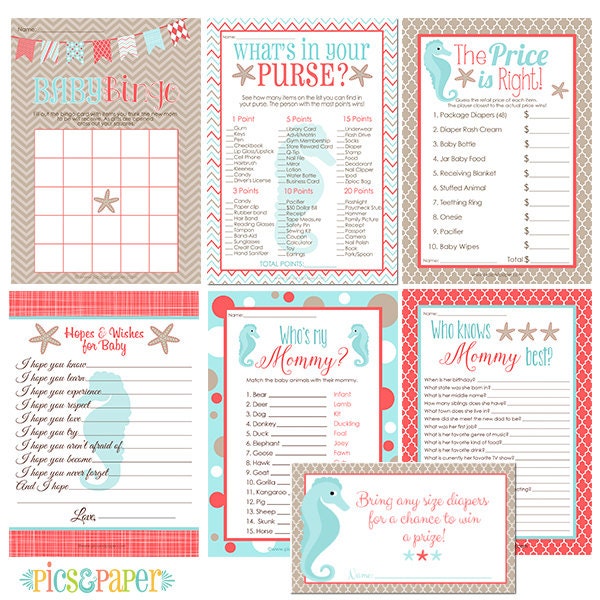 Ocean Theme Baby Shower Games in Coral and Aqua Bundle Set