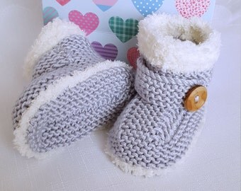 Knitted Baby Booties - Baby Boys Booties - Handmade Snug Bootees - 0-3 Months, 3-6 Months, 6-9 Months, Silver Grey - Handmade Baby Gift