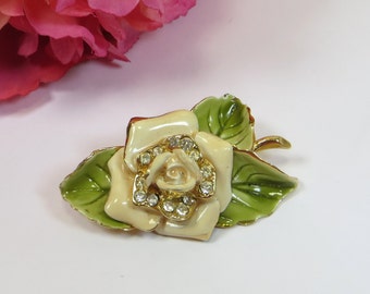 Cream Enamel Rhinestone Crystal Rose Brooch Pin, Vinage Flower Rose Broch Pin with Rhinestone Crystal, Rose w Leaf Vintage Flower Brooch Pin