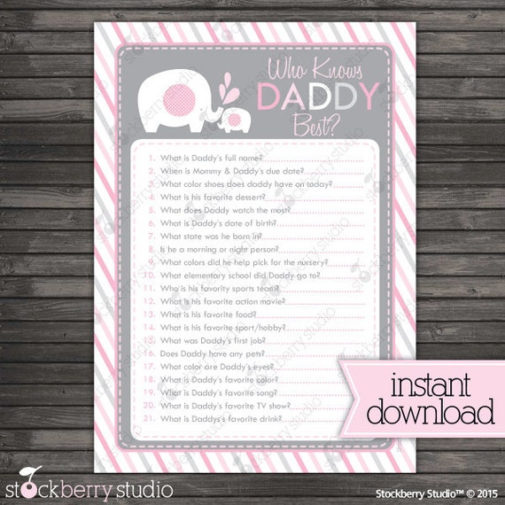 Girl Elephant Baby Shower Who Knows Daddy Best Game - Pink And Gray 