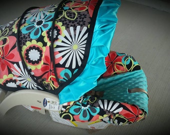 Clementine with blue minky Infant and satin ruffle car seat cover- custom order always comes with free strap covers