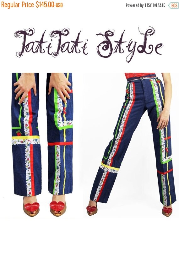 SPRING SALE Pants Vintage 70's Lace Ribbons HIGH by TatiTatiStyle