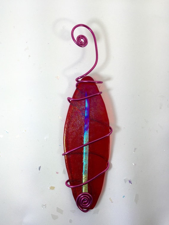 Red Surfboard Ornament Fused Glass
