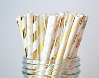 Paper Straws . Nude Champagne Gold Foil Neutrals, new years eve, bridal shower decorations, mason jar, rustic shabby chic wedding decor