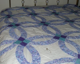 Double Wedding Ring Quilt Top With Backing and Batting Turquoise Purple and White Hand Pieced 72" x 85" Twin Size Quilt Top To Finish