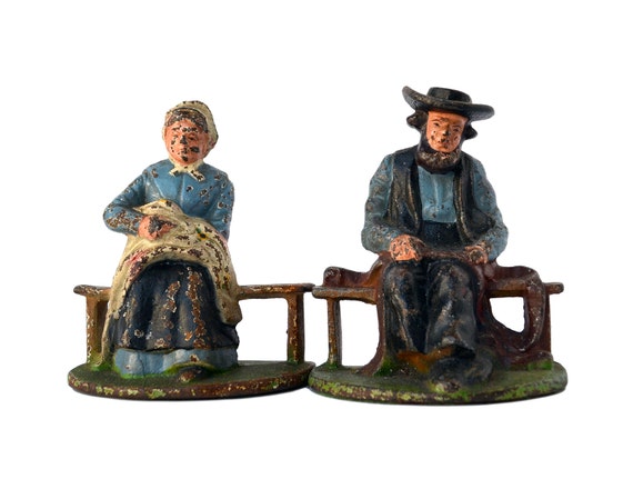 Antique Cast Iron Amish Bookends Amish Woman and Amish Man