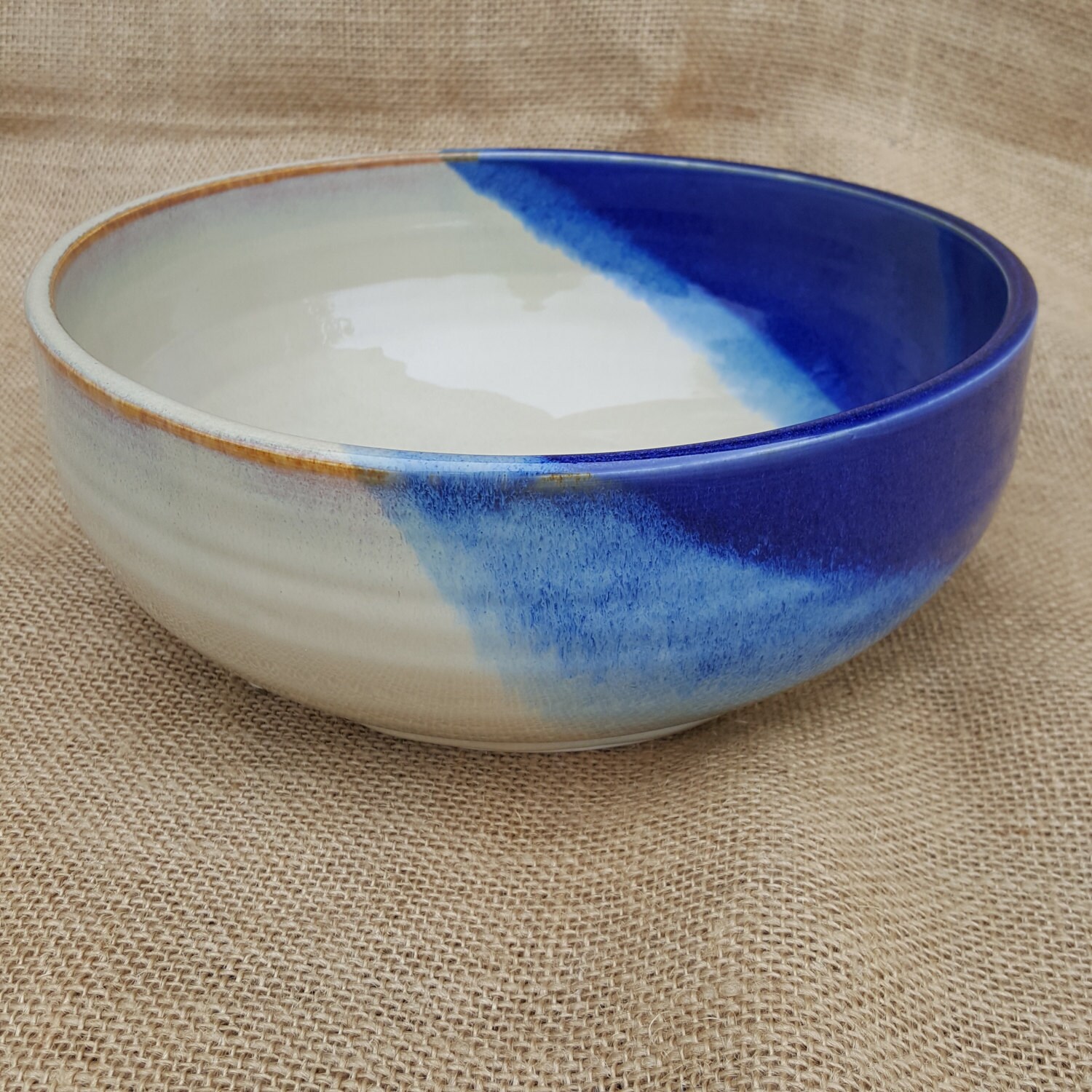 Cream and blue large wheel thrown ceramic pasta bowl by AudPottery