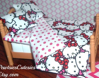 Hello Kitty 4pc Bedding 12 inch Miniature Dollhouse Set Includes Reversible Blanket, Mattress, 2 Pillows ~ Anime, 1:12