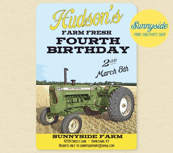 Green Tractor Birthday Invitation, Boys Farming Birthday Party Printable Invite, Retro, Vintage, Classic Il_570xn