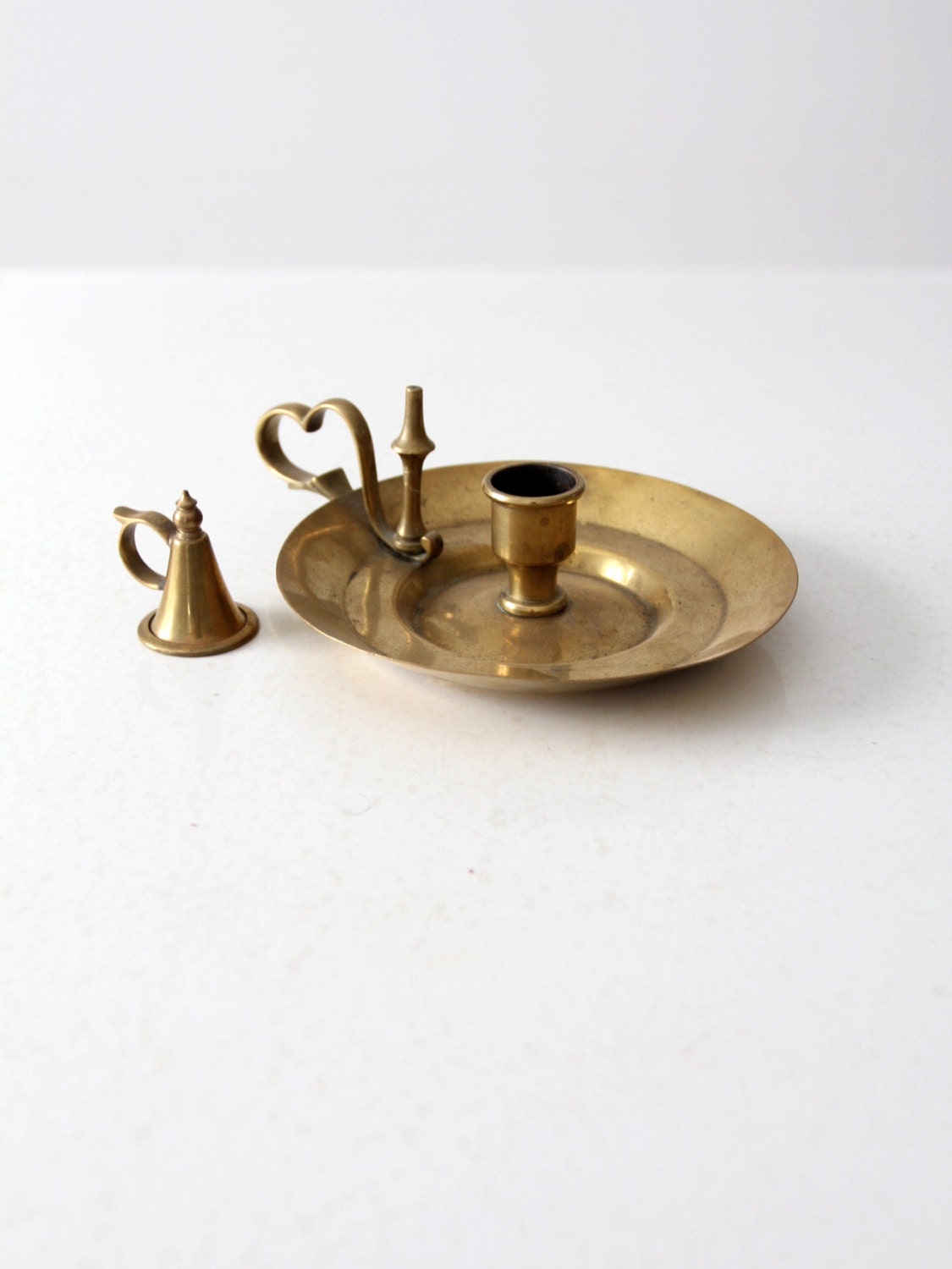 antique brass chamber candle holder with snuffer candle