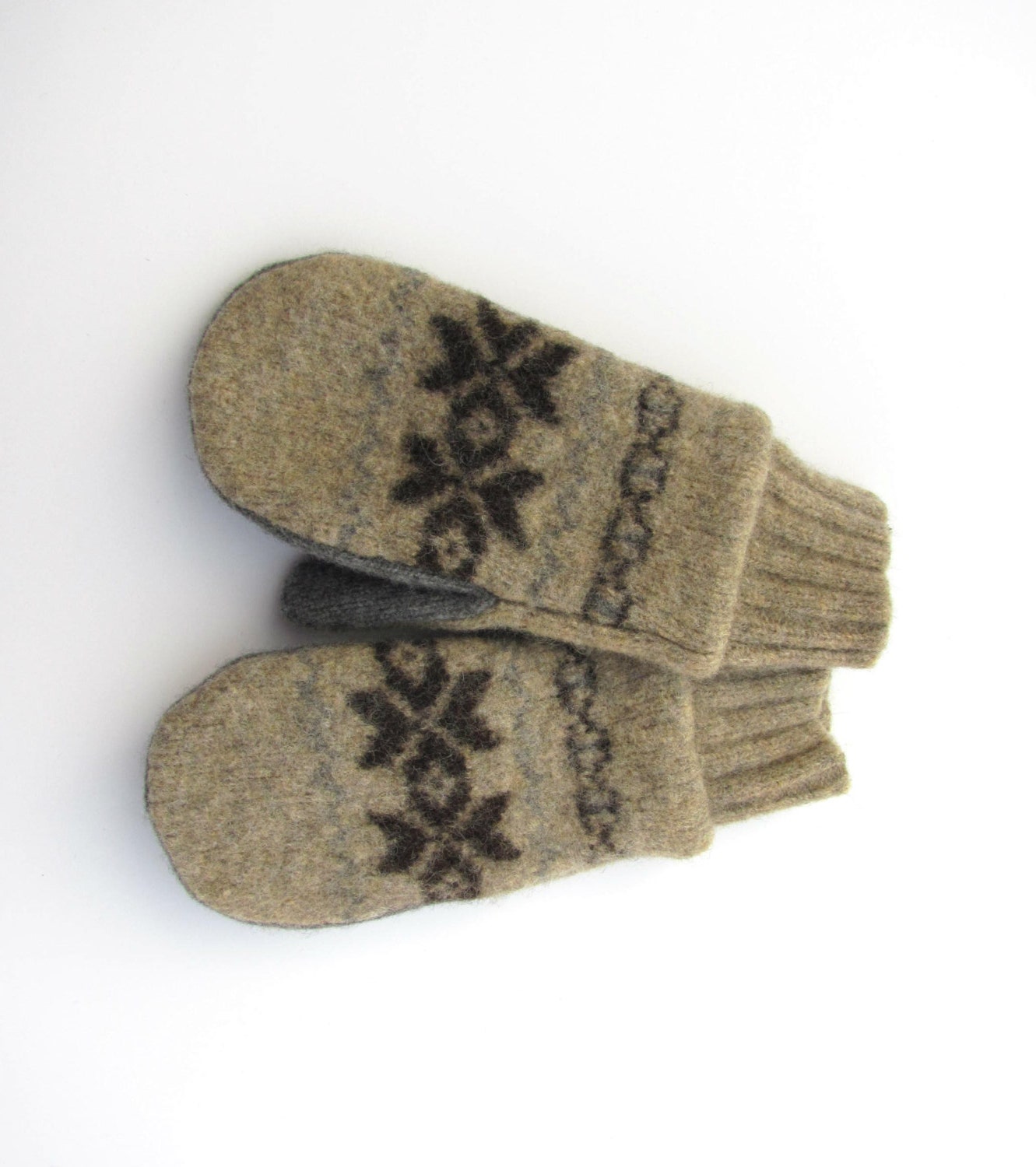 Mens Wool Mittens Fleece Lined Nordic Snowflake Fair Isle in