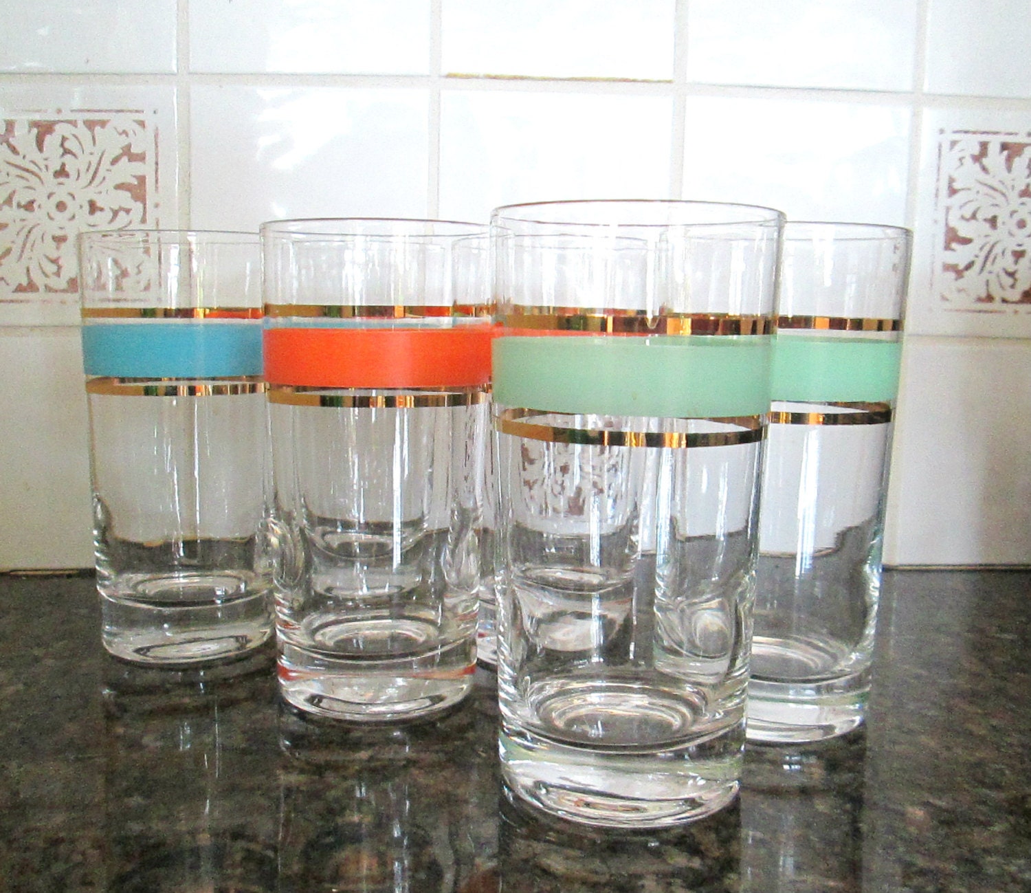 Frosted Horizontal Striped Tumbler Drinking Glasses Vintage