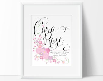 baby gift, birth announcement wall art, Personalized baby gifts, digital birth announcement, baby girl nursery decor, PRINTABLE nursery