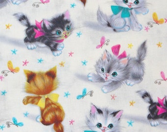 Smitten Kittens, Michael Miller, Kittens fabric, 1950's Style, Kittens with Butterflies, Vintage Style, Natural Background, By the Yard