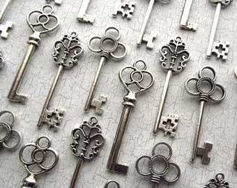The Alice Collection - Skeleton Key Assortment in Silver - Set of 30 Keys - Three Styles
