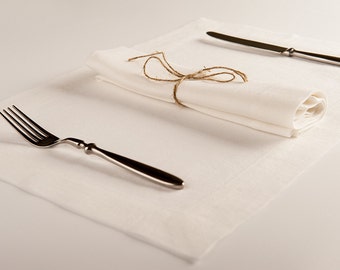 Off white table napkins or placemats, Off white linen table napkins set or Off white linen placemat set of Six, Two hem style options