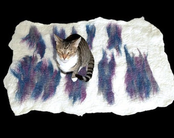 Cat Bed - Cat Mat - Hand Felted Wool Rug/Throw Pet Bed - Primitive Bovid - Blue Purple Gray - Ready to Ship