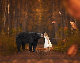 Fall Black Bear Digital Background and Overlays - Black Bear Overlay, Fall Digital Background, Falling Leaves Overlay