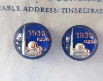 Vintage Antique Blue 1939 World's Fair Glass Buttons Ornaments Pair Jewelry RARE