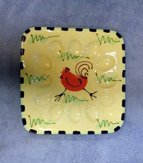 Deviled Egg Pottery Tray with Red Rooster