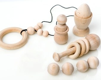 Montessori Baby Toys Gift Set - Grasping Beads, Egg with Cup and Peg with Cup, Wooden Rattle, and Nursing Necklace
