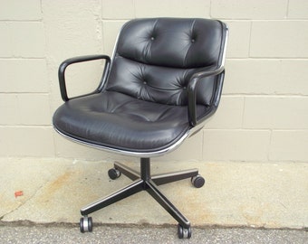 Genuine Pollock Knoll Office Chair Mid Century Executive Task Black Leather w/ Arms - Rolls Spins Tilts Swivels -Danish KEVI Wheels - NICE