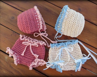 Crochet Diaper Cover Pattern, Crochet Baby Hat Pattern, Newborn Photo Prop, CROCHET PATTERN, Bloomer and Bonnet, Patterns by Deborah O'Leary