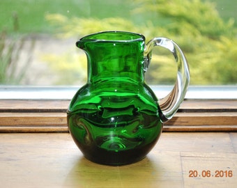 Small Hand Blown Forest Green and Clear Handled Pitcher with 4 Dimples Round the Sides