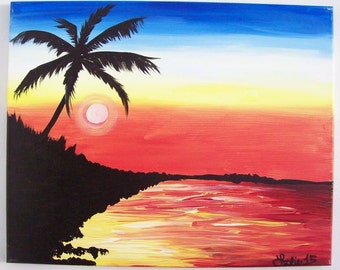 Items similar to Perler Bead Sunset with Palm Trees Beach Landscape ...