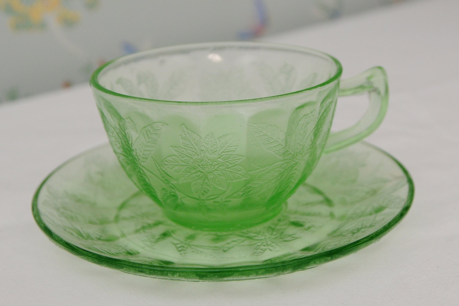 Decorative Green Glass Cup and Saucer