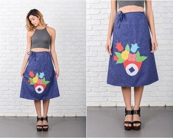 A-Line Wrap Skirt Vintage 80s Blue Applique Floral picnic medium M 8050